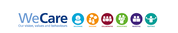 The Barts Health #WeCare values badge, showing six values: Welcoming, Engaging, Collaborative, Accountable, Respectful, Equitable